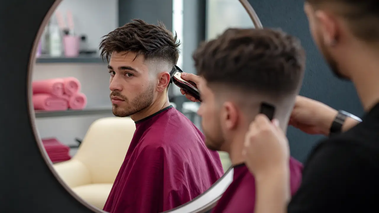 Dégradé progressif court à blanc sur tempes, coiffure homme en salon