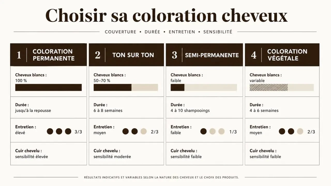 Que choisir coloration cheveux : tableau comparatif des colorations permanentes, ton sur ton, semi-permanentes et végétales