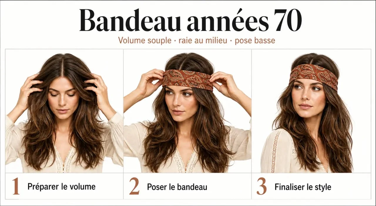 Coiffure année 70 bandeau : tutoriel visuel avec pose du bandeau, volume souple et rendu vintage