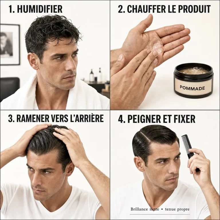 Cheveux gominés : tutoriel visuel en quatre étapes pour plaquer et fixer la coiffure