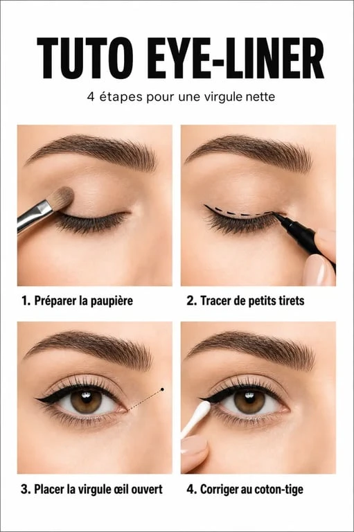 Tuto eye liner étape par étape avec préparation, trait et virgule sur un œil maquillé