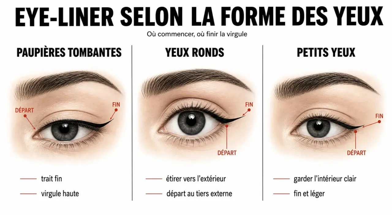 Tuto eye liner adapté aux paupières tombantes, aux yeux ronds et aux petits yeux