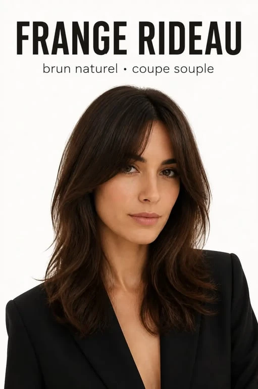 Inspiration frange rideau brune sur cheveux bruns avec séparation centrale et mèches encadrant le visage