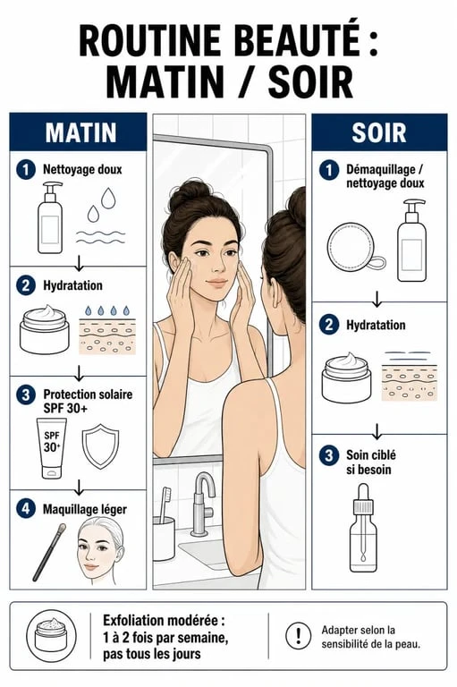 Conseil beauté : routine du matin et du soir avec nettoyage, hydratation et protection solaire