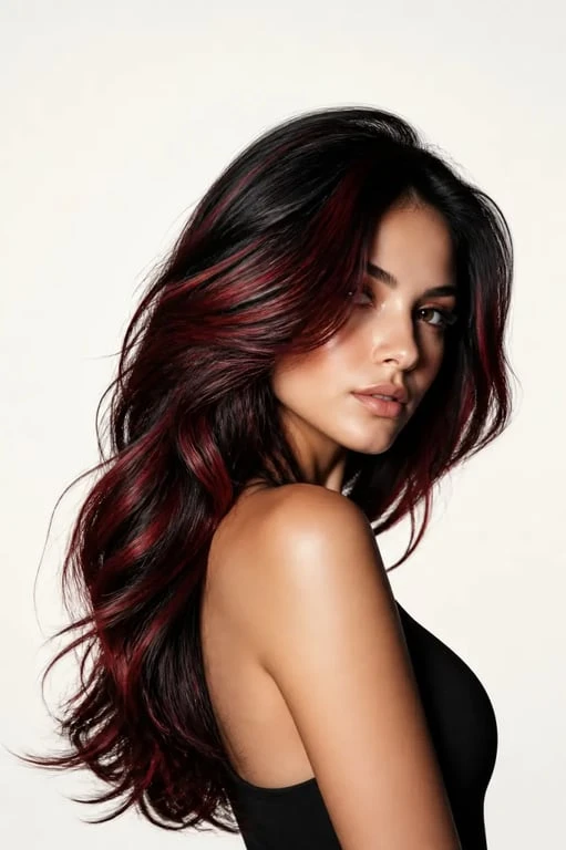 Cheveux noir rouge sur un portrait éditorial montrant des mèches rouges sur base noire