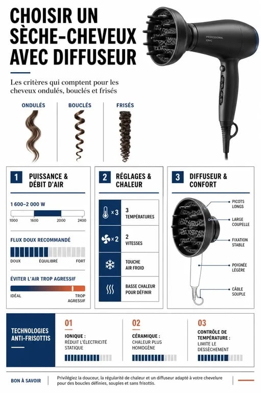 Infographie comparative du meilleur sèche-cheveux diffuseur boucle avec critères de choix