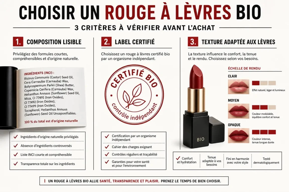 Rouge à lèvres bio que choisir : infographie comparative des critères de composition, label et texture