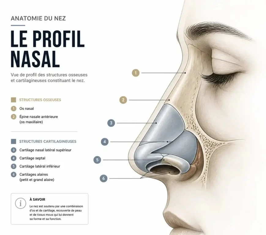 Schéma anatomique expliquant les structures d'un gros nez