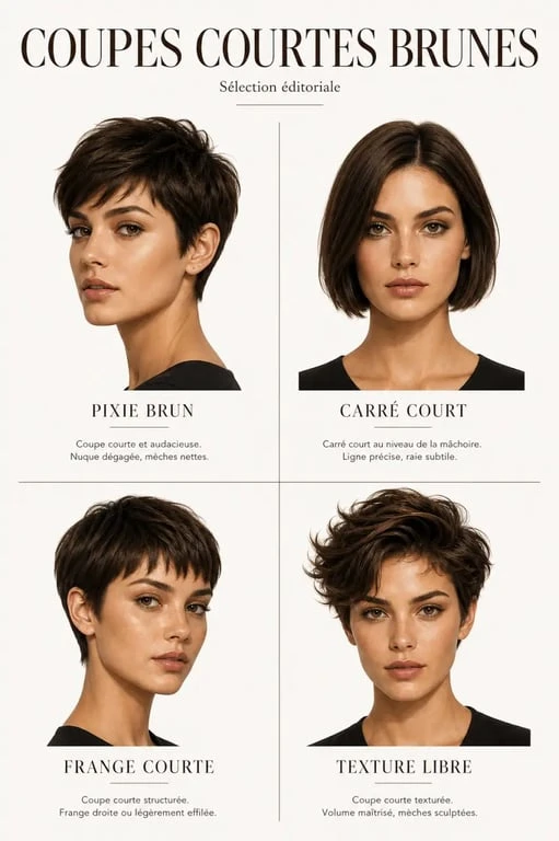 Inspirations de coupe courte brune : pixie, carré court, frange et coiffé-décoiffé