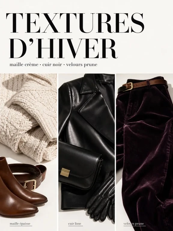 Tendance mode hiver 2026 femme : matières tactiles et couleurs d’hiver en look éditorial