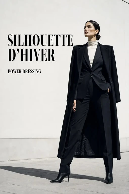 Tendance mode hiver 2026 femme : silhouette power dressing avec blazer épaulé et pantalon droit