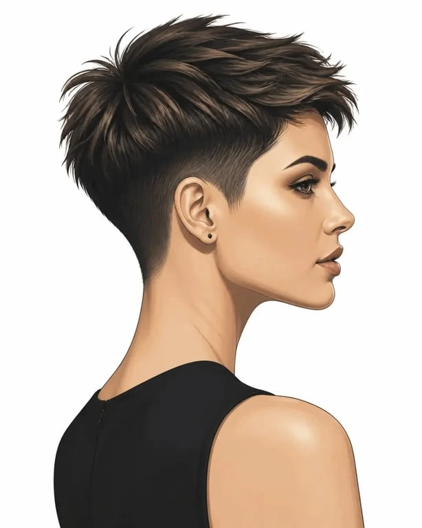 Taper pixie sur cheveux courts texturisés avec nuque affinée et volume sur le dessus