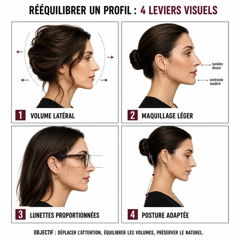 Long nez femme profil rééquilibré par coiffure, maquillage et lunettes