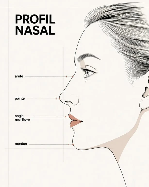 Long nez femme profil illustré sur une femme de profil avec repères morphologiques