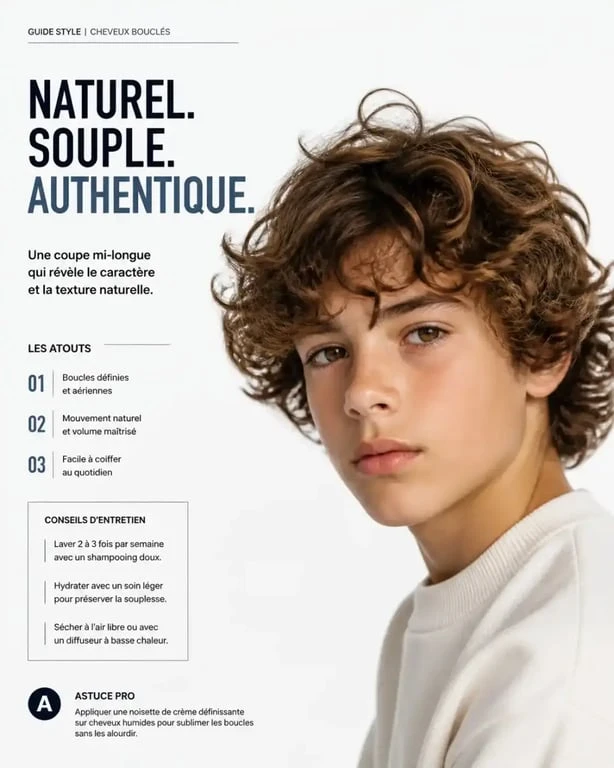 Coupe garçon cheveux bouclés mi-longue naturelle