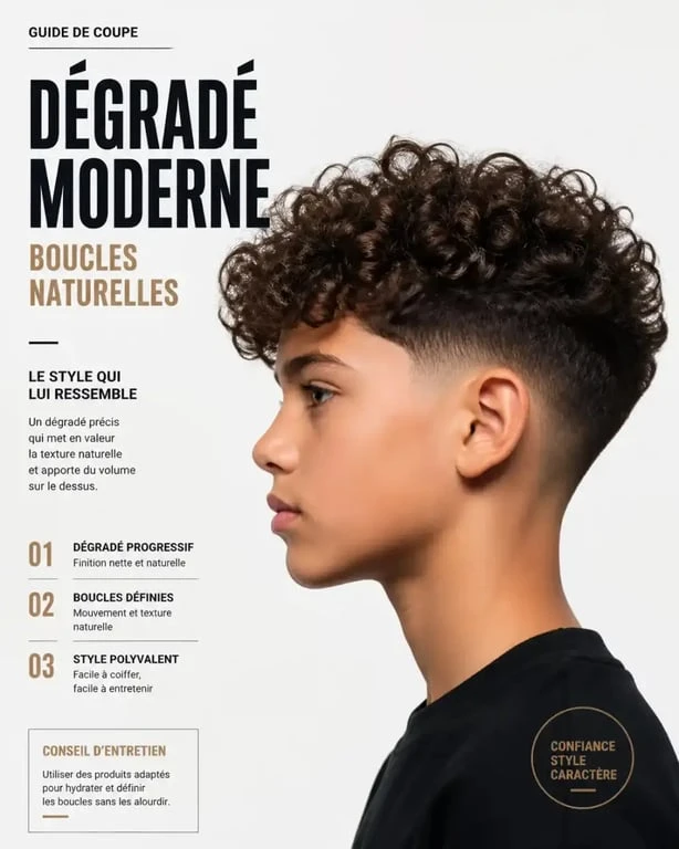 Coupe garçon cheveux bouclés avec dégradé moderne