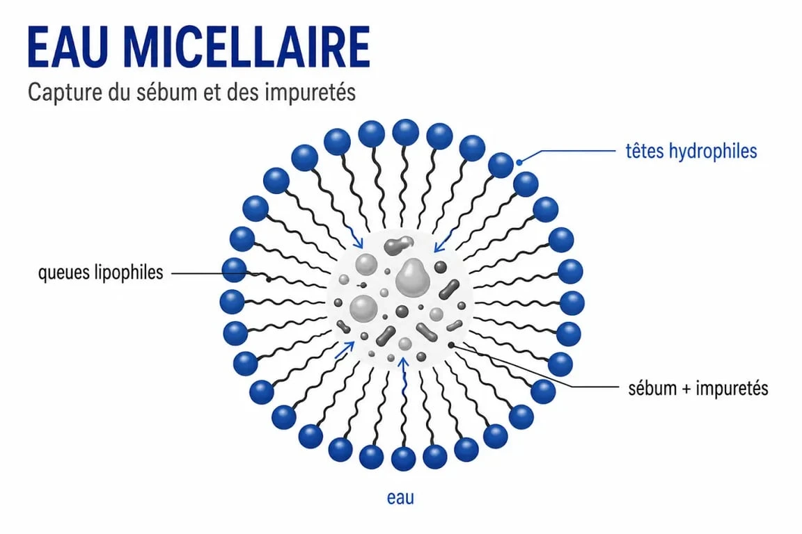 Micellaire définition : schéma d’une micelle dans l’eau captant le sébum et le maquillage
