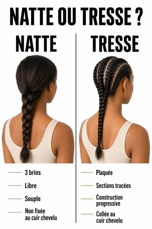 Natte ou tresse : comparaison visuelle des différences techniques et d’usage