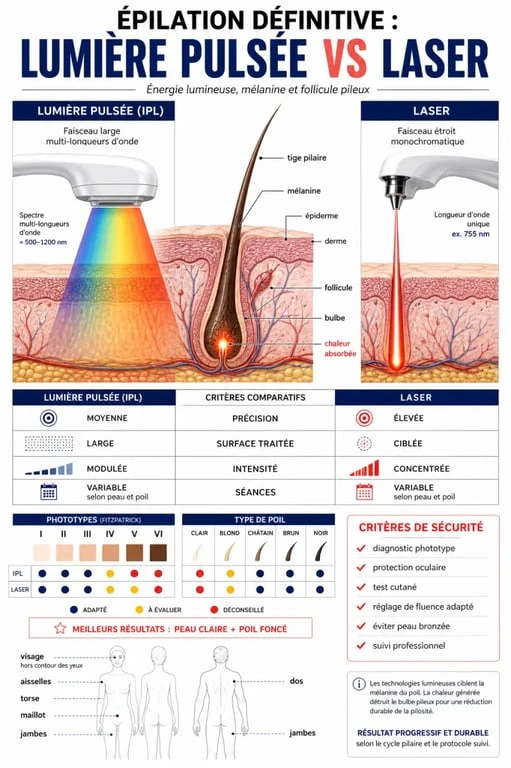 Appareil épilation définitive : comparaison entre lumière pulsée et laser, compatibilité phototype et critères de sécurité