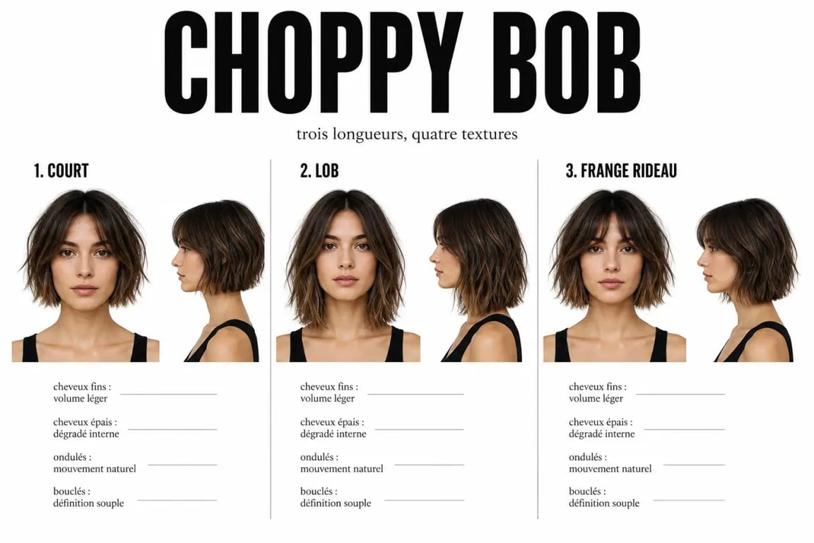Choppy bob : illustration éditoriale des principales variantes selon la texture et la forme du visage