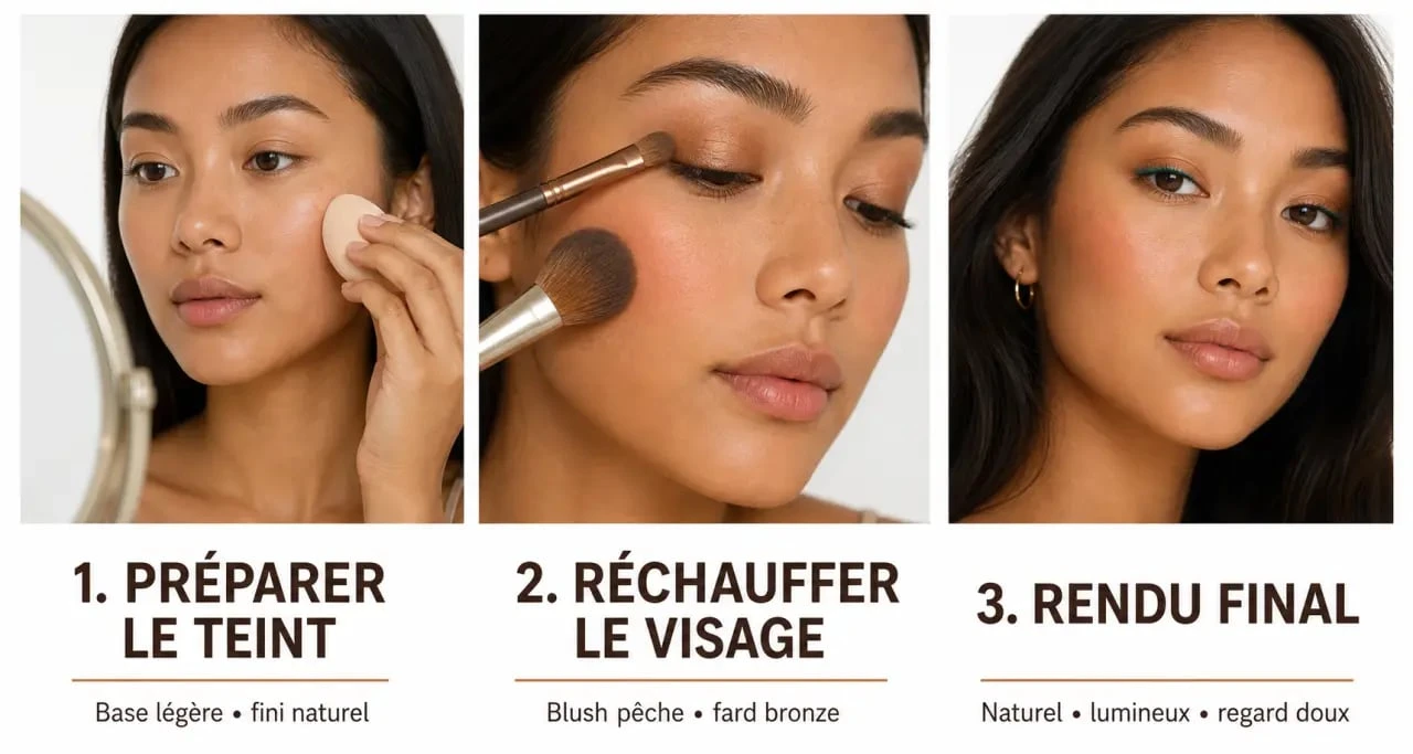 Maquillage pocahontas en trois étapes avec teint chaud, yeux bronze et résultat final naturel