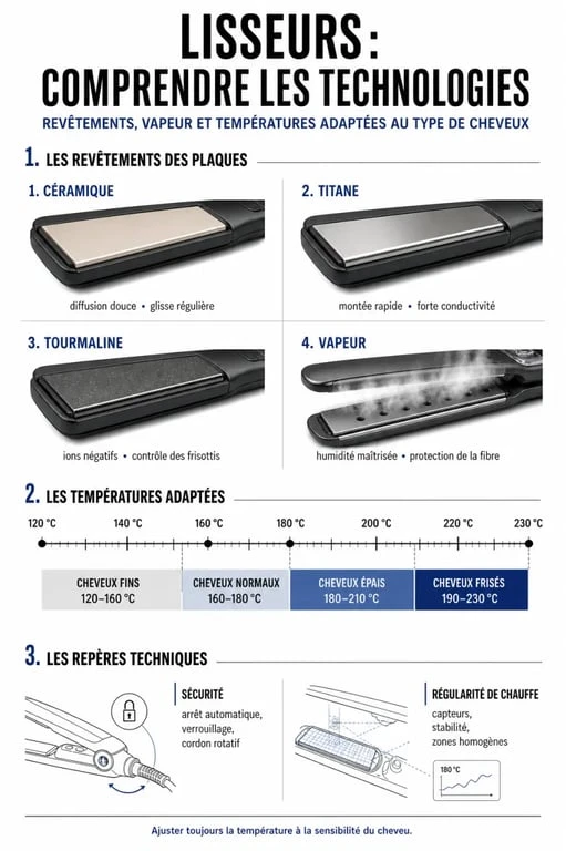 Meilleur lisseur UFC Que Choisir : infographie comparative des technologies et températures selon le type de cheveux