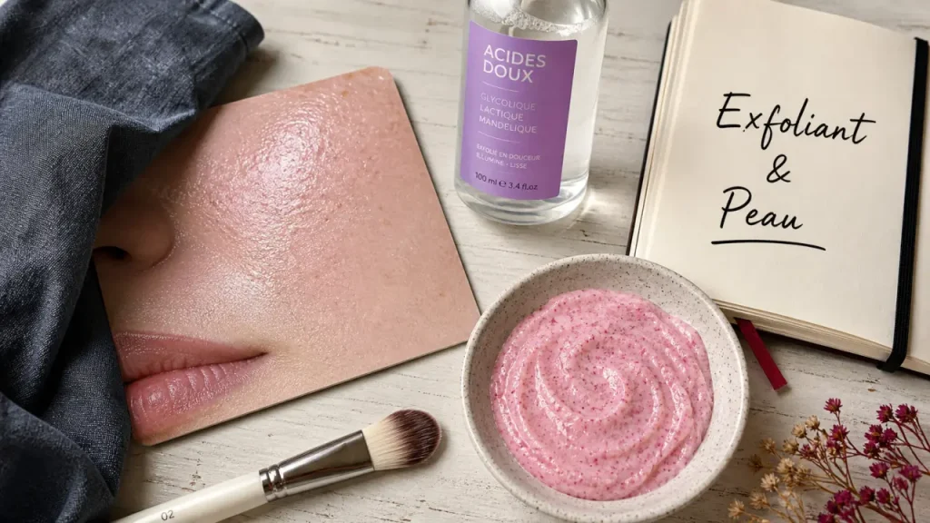 Exfoliant définition : crème exfoliante, pinceau et acides doux sur table