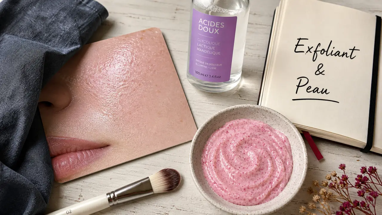 Exfoliant définition : crème exfoliante, pinceau et acides doux sur table