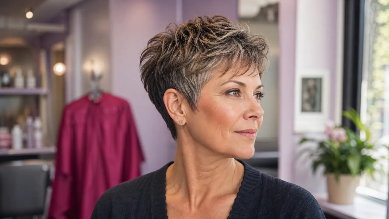 Taper pixie, coupe courte effilée donnant du volume et adoucissant le visage
