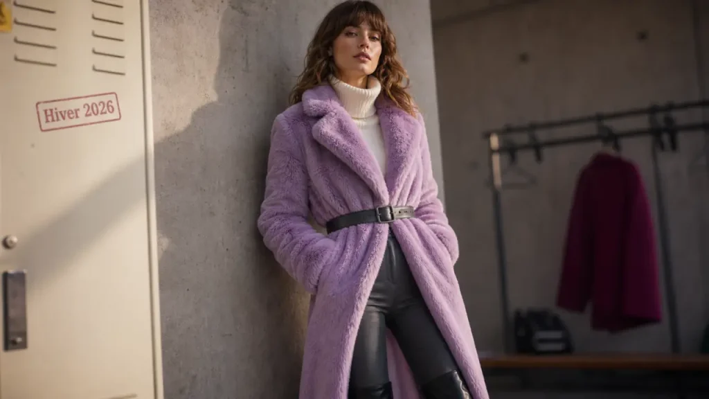 Tendance mode hiver 2026 femme : manteau violet statement, hiver 2026
