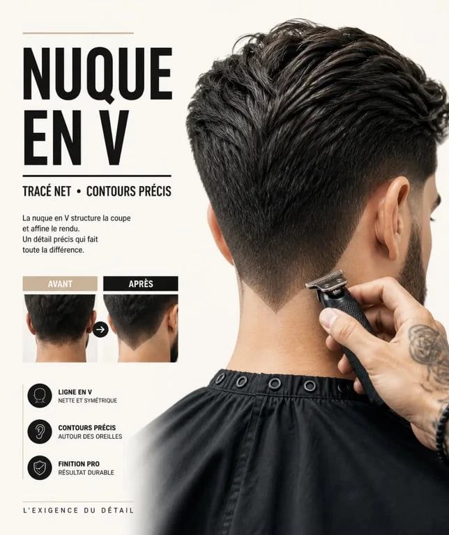 Barbier réalisant une coupe de cheveux cuenta en V avec nuque pointue