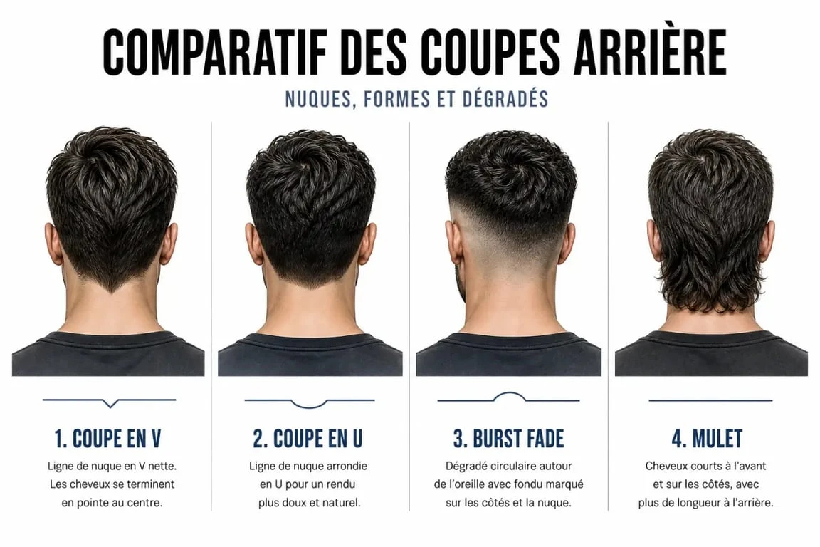 Comparatif coupe de cheveux cuenta en V, en U, burst fade et mulet