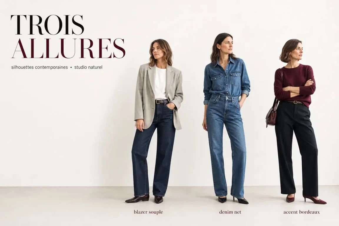 Tendance mode femme : trois looks féminins actuels avec blazer souple, denim net et touches de couleur