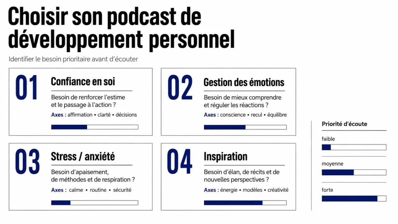 Podcast développement personnel : schéma visuel des besoins pour choisir un format adapté