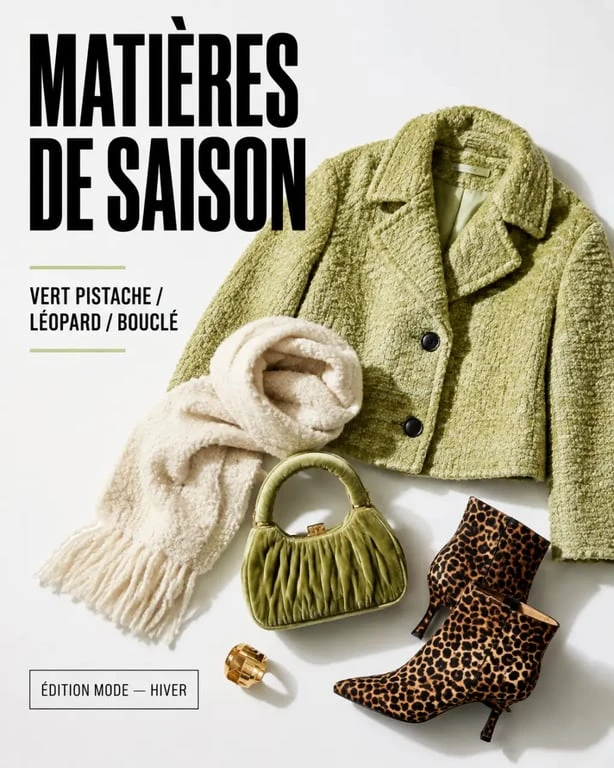 Tendance mode hiver 2025 : vert pistache, léopard et matières texturées dans une composition éditoriale