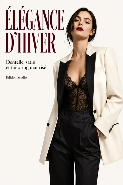 Tendance mode hiver 2025 : lingerie visible chic sous blazer structuré dans une silhouette éditoriale